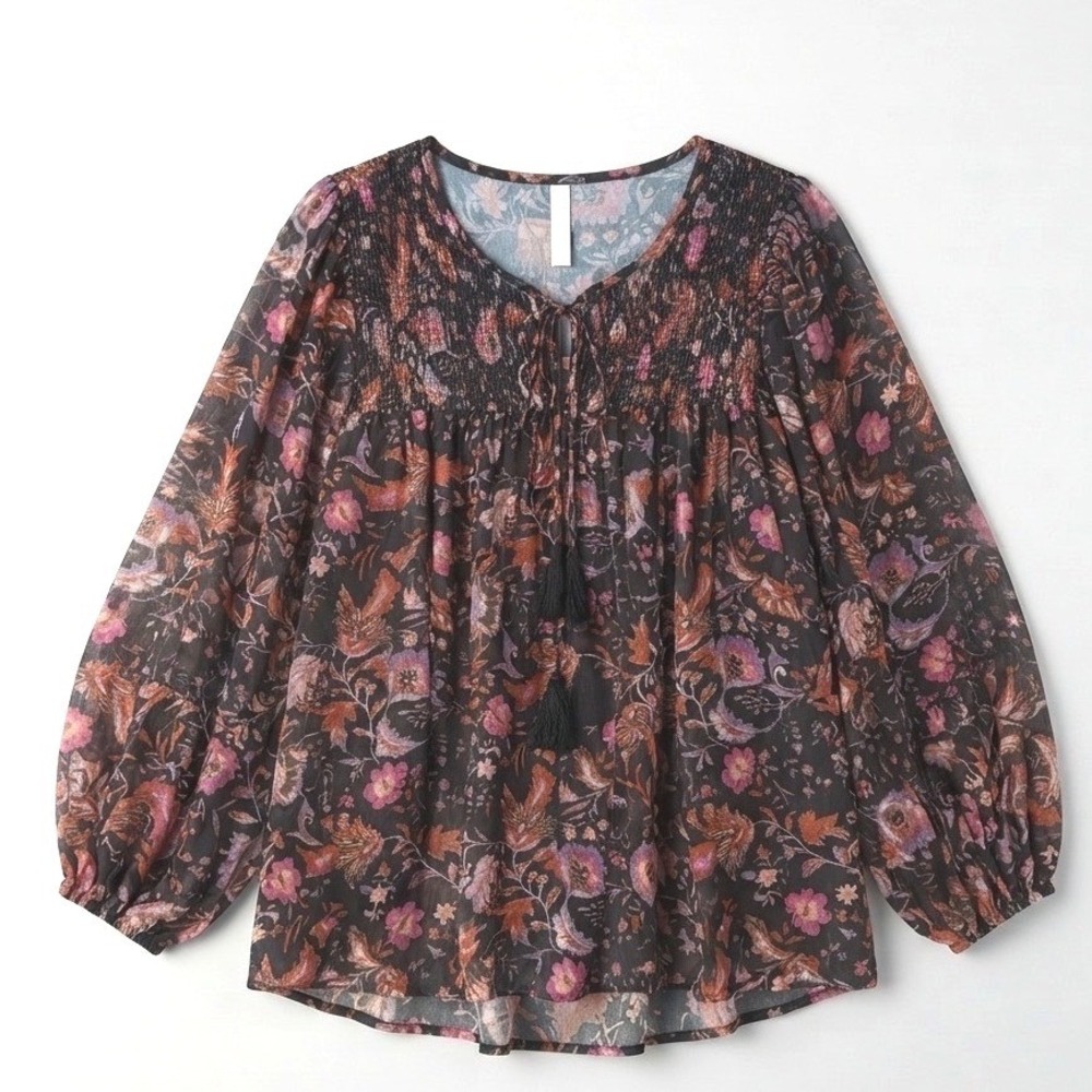 Grace + Karma Women 1X Black Floral Smocked Tassel Chiffon Peasant Blouse Top